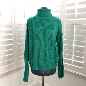 Teal Green Cable Knit Turtle Neck Sweater, Back to School Preppy, Size Small